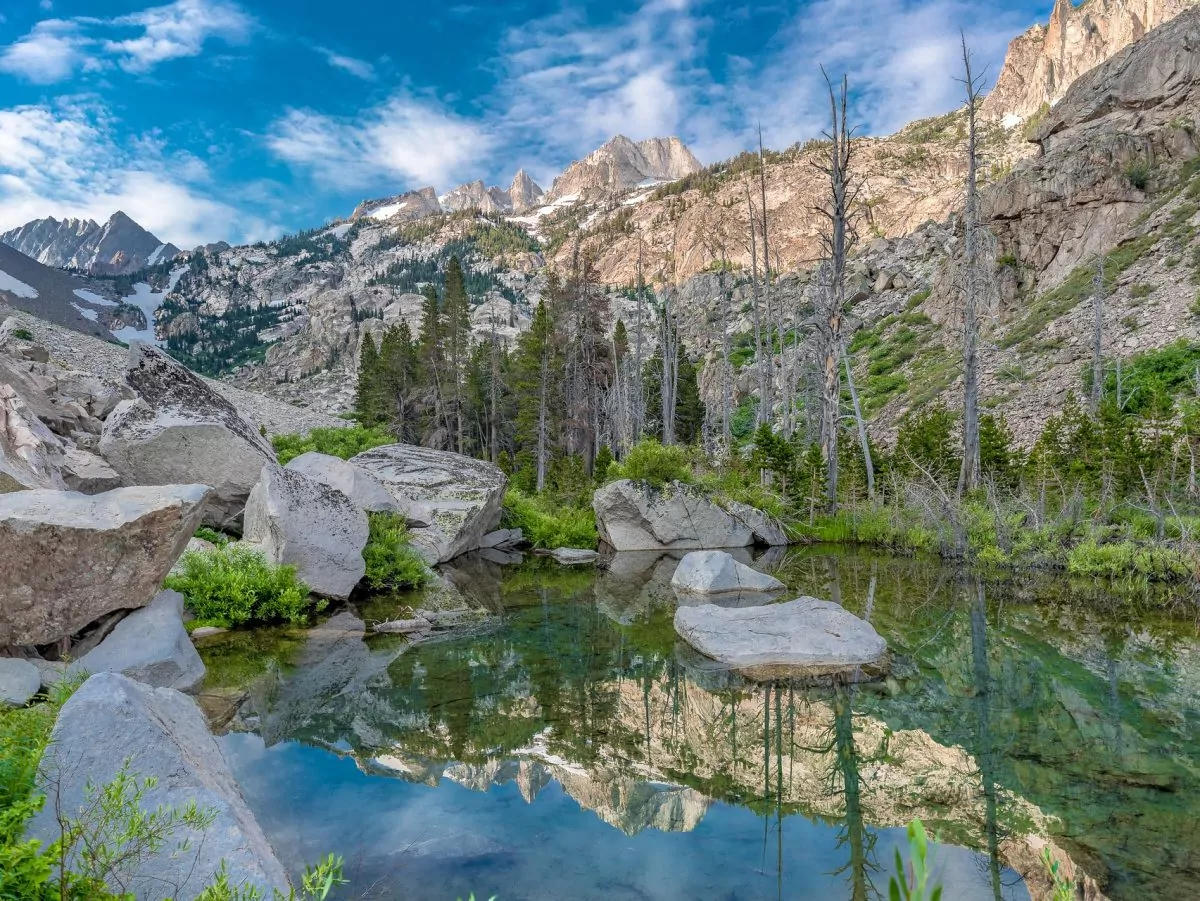 Eastern Sierra Nevada peaks reflected in a mountain pool